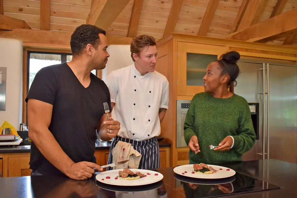 Celebrity Masterchef winner Angellica Bell and her husband eating venison with truffle mash after we took them truffle hunting. Hello! Magazine
