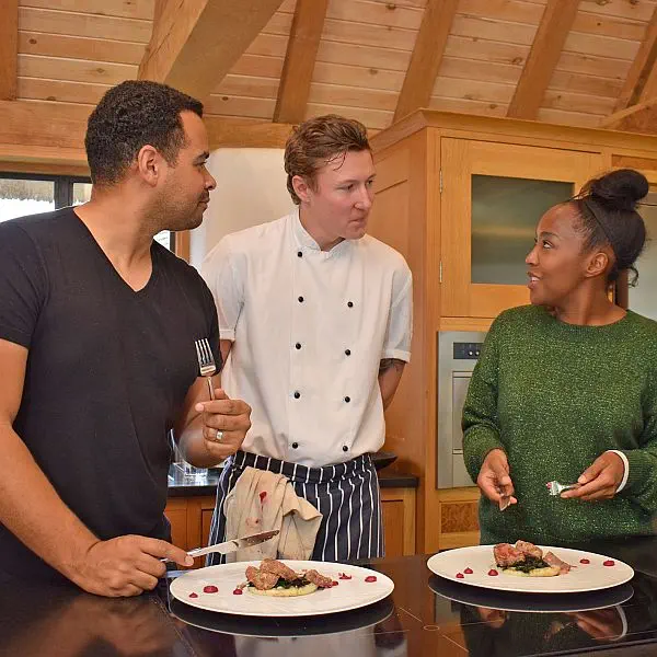 Celebrity Masterchef winner Angellica Bell and her husband eating venison with truffle mash after we took them truffle hunting. Hello! Magazine