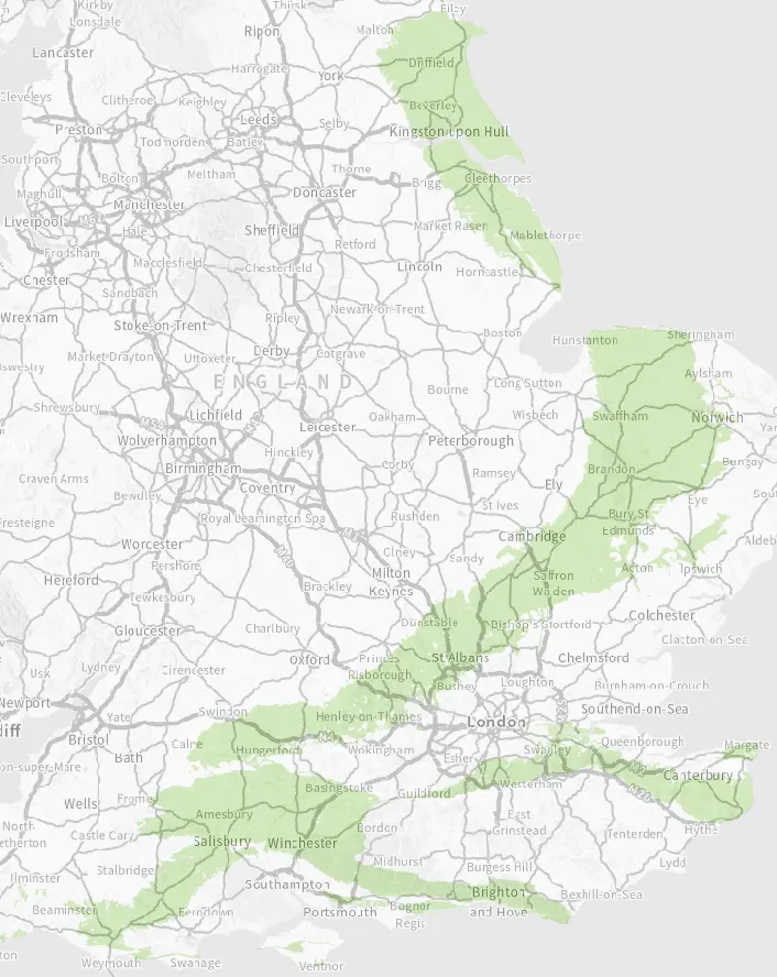 Chalk areas in southern Britain